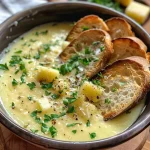 ['A close-up view of a creamy Karamellisierte Porree-Suppe with melted Gruyère cheese on a toasted Baguette.', 'Delicious leek soup topped with cheese toast, showcasing its rich texture and ingredients.', "A side perspective of caramelized leek soup served with a cheesy baguette, highlighting the soup's vibrant color.", 'Close-up of a bowl of Karamellisierte Porree-Suppe with a crispy cheese toast beside it.']