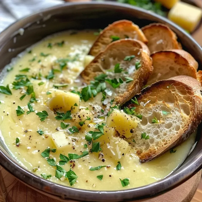 ['A close-up view of a creamy Karamellisierte Porree-Suppe with melted Gruyère cheese on a toasted Baguette.', 'Delicious leek soup topped with cheese toast, showcasing its rich texture and ingredients.', "A side perspective of caramelized leek soup served with a cheesy baguette, highlighting the soup's vibrant color.", 'Close-up of a bowl of Karamellisierte Porree-Suppe with a crispy cheese toast beside it.']