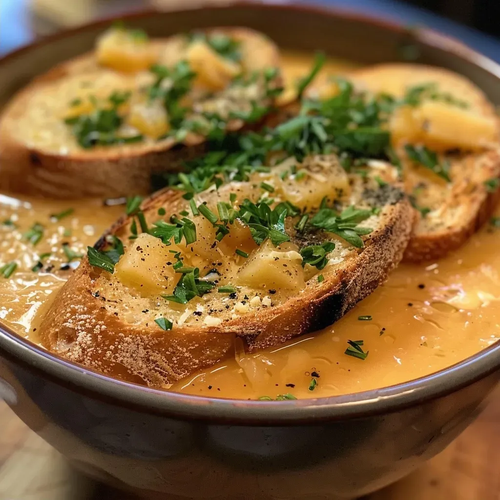 ['A close-up view of a creamy Karamellisierte Porree-Suppe with melted Gruyère cheese on a toasted Baguette.', 'Delicious leek soup topped with cheese toast, showcasing its rich texture and ingredients.', 