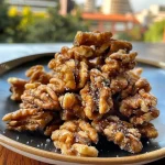 ['Close-up view of shiny caramelized walnuts in a bowl.', 'Side angle of sweet caramel-coated walnuts glistening under light.', 'Detailed shot of deliciously caramelized walnuts resting on a surface.', 'Textured image of golden, crunchy caramel walnuts with a sprinkle of powdered sugar.']