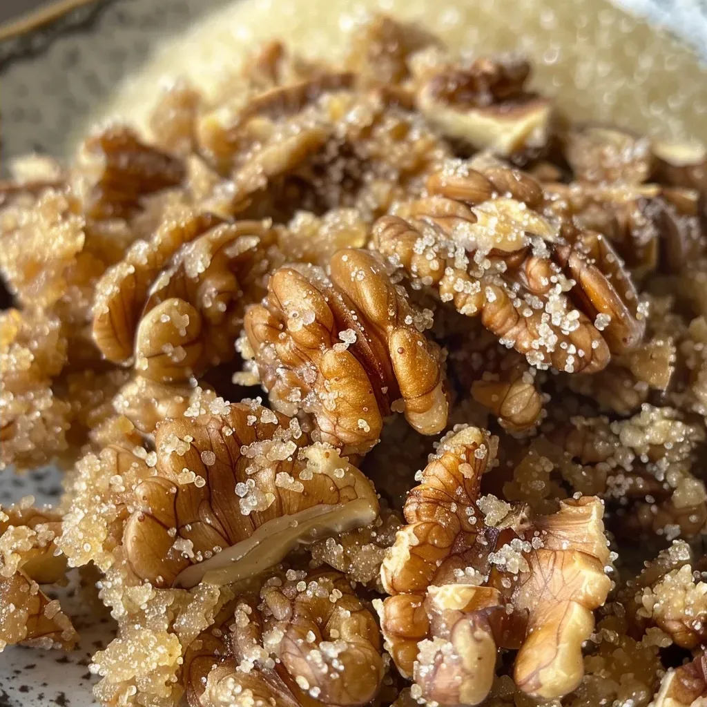 ['Close-up view of shiny caramelized walnuts in a bowl.', 'Side angle of sweet caramel-coated walnuts glistening under light.', 'Detailed shot of deliciously caramelized walnuts resting on a surface.', 'Textured image of golden, crunchy caramel walnuts with a sprinkle of powdered sugar.']