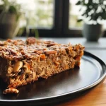 ['Close-up view of a bowl of carrot cake oatmeal topped with walnuts and raisins.', 'Side view of creamy oatmeal mixed with grated carrots in a textured bowl.', 'Delicious-looking carrot cake oatmeal garnished with nuts and cinnamon.', 'Tasty carrot cake-inspired oatmeal with visible ingredients like carrots and raisins.']