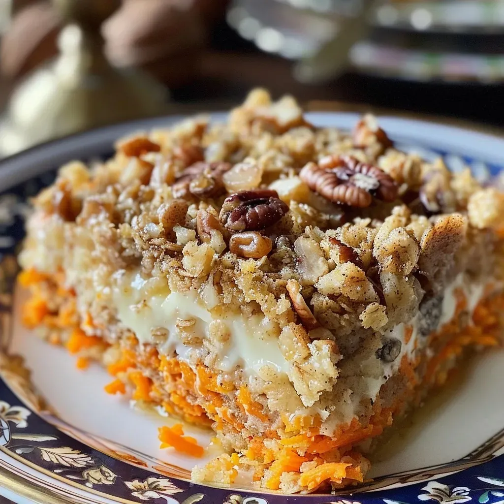 Close-up view of a bowl of carrot cake oatmeal topped with walnuts and raisins.