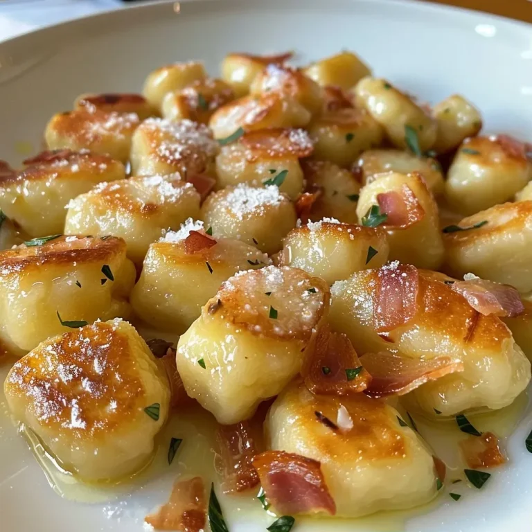 ['Close-up of Kartoffel-Kürbis-Gnocchi garnished with crispy pancetta and sage.', 'Juicy potato and pumpkin gnocchi served with brown butter and fresh sage leaves.', 'A plate of golden Kartoffel-Kürbis-Gnocchi with a side of sautéed pancetta.', 'Gourmet presentation of gnocchi topped with sage butter and crispy pancetta.']