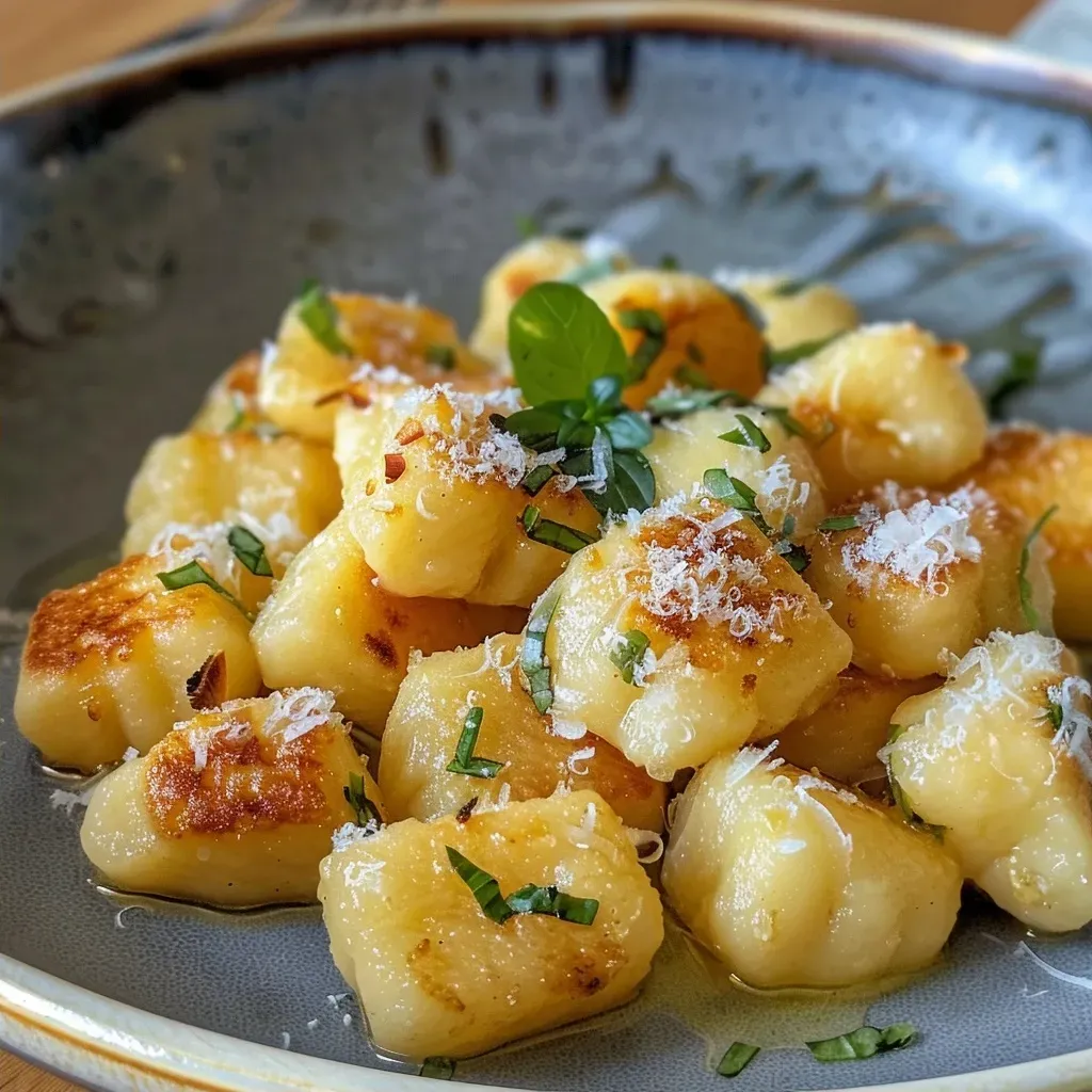 ['Close-up of Kartoffel-Kürbis-Gnocchi garnished with crispy pancetta and sage.', 'Juicy potato and pumpkin gnocchi served with brown butter and fresh sage leaves.', 'A plate of golden Kartoffel-Kürbis-Gnocchi with a side of sautéed pancetta.', 'Gourmet presentation of gnocchi topped with sage butter and crispy pancetta.']