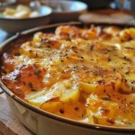 ['Close-up side view of a golden-brown Kartoffel-Kürbis-Gratin topped with melted cheese.', 'A slice of Kartoffel-Kürbis-Gratin showcasing layers of potatoes and pumpkin with green onions.', 'Juicy Kartoffel-Kürbis-Gratin served in a dish, emphasizing its creamy texture and colorful ingredients.', 'Side view of a sumptuous Kartoffel-Kürbis-Gratin, highlighting the gooey cheese and vibrant pumpkin.']