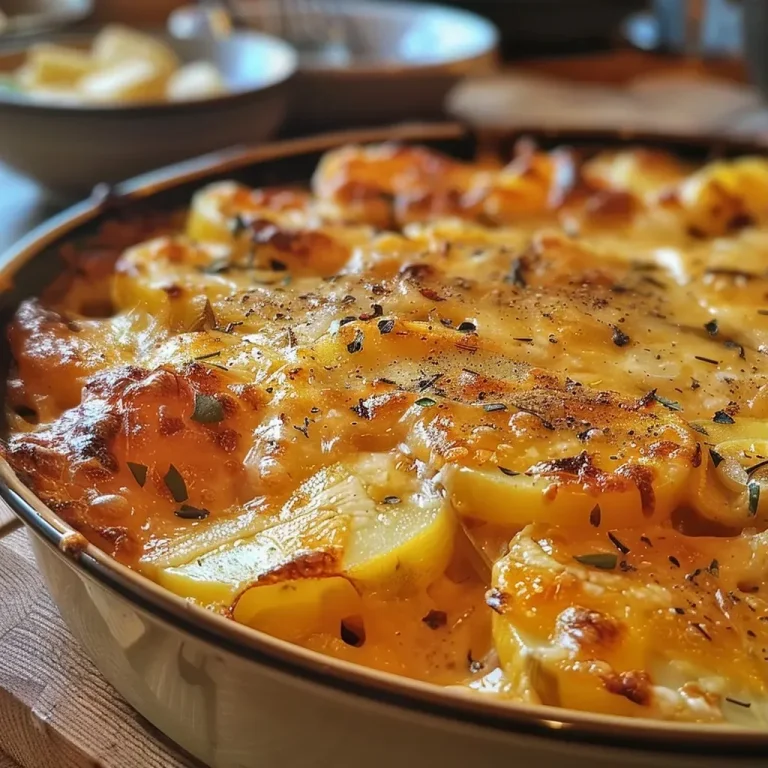 ['Close-up side view of a golden-brown Kartoffel-Kürbis-Gratin topped with melted cheese.', 'A slice of Kartoffel-Kürbis-Gratin showcasing layers of potatoes and pumpkin with green onions.', 'Juicy Kartoffel-Kürbis-Gratin served in a dish, emphasizing its creamy texture and colorful ingredients.', 'Side view of a sumptuous Kartoffel-Kürbis-Gratin, highlighting the gooey cheese and vibrant pumpkin.']