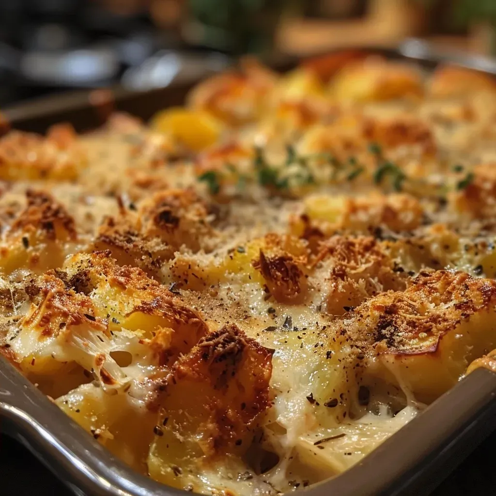 Close-up side view of a golden-brown Kartoffel-Kürbis-Gratin topped with melted cheese.