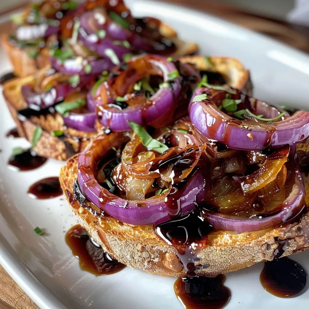 ['Close-up of cheesy toasts topped with caramelized onions and a drizzle of balsamic glaze.', 'Side view of golden-brown cheesy toasts garnished with caramelized onions.', 'Juicy cheesy toast with a rich layer of caramelized balsamic onions.', 'Deliciously melted cheese toasts with glistening caramelized onions on top.']