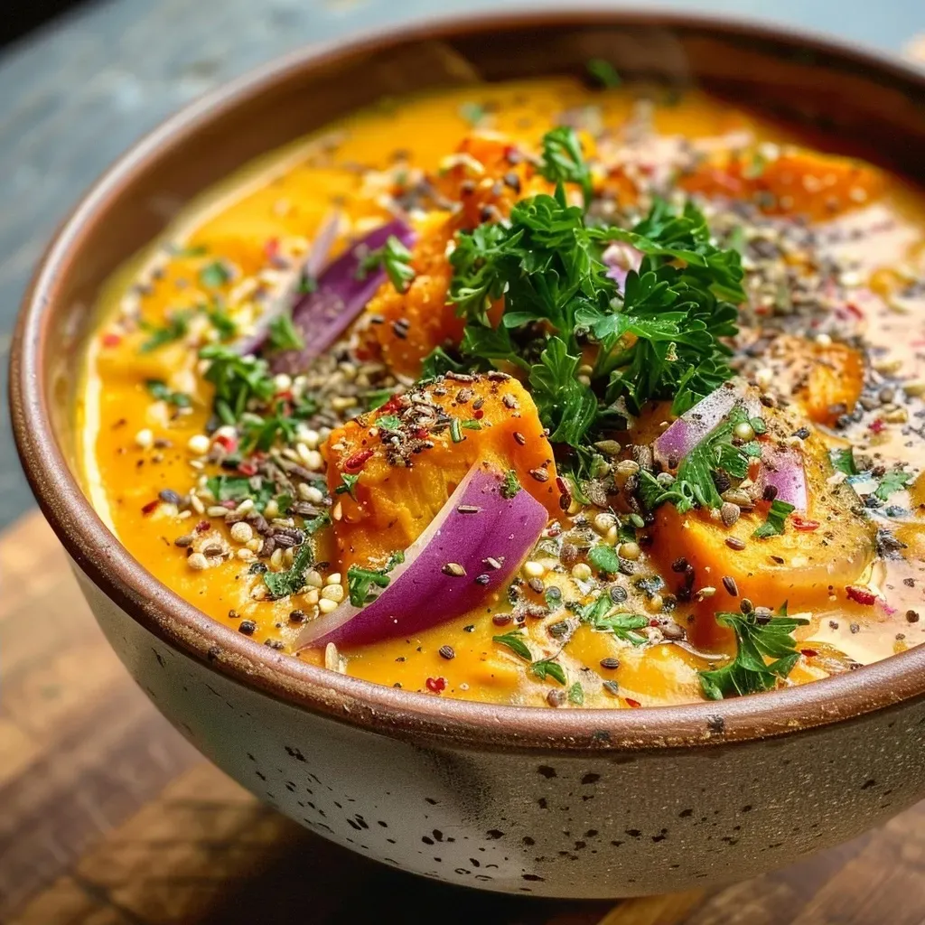 ['Close-up view of creamy pumpkin soup garnished with herbs in a bowl.', 'Side angle of a bowl filled with rich, orange Keto pumpkin soup.', 'Thick, velvety pumpkin soup displayed in a rustic bowl, garnished with parsley.', 'Warm pumpkin soup with coconut milk, served in a simple white bowl.']