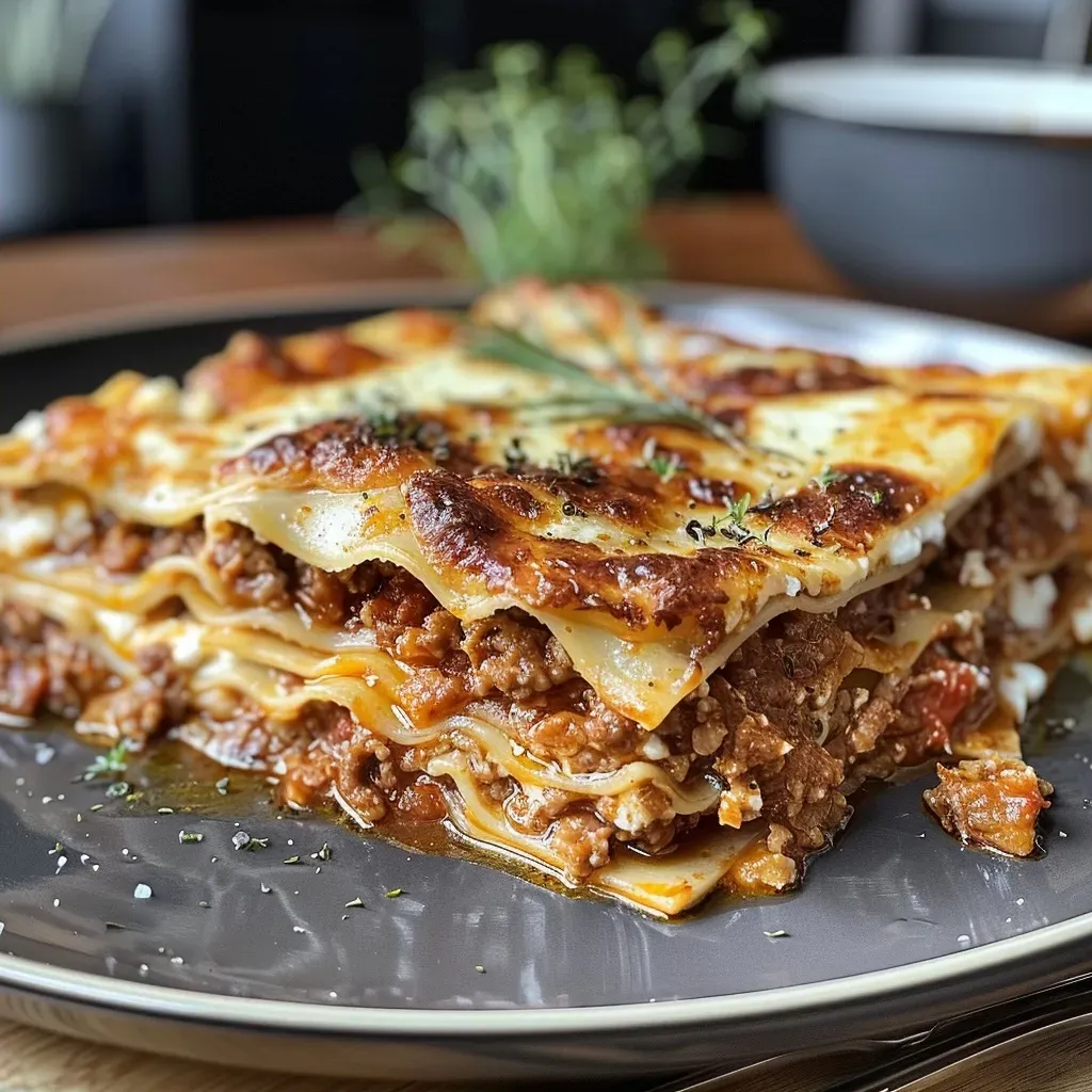 ['Close-up of a juicy, layered Klassische Lasagne, featuring cheese and herbs.', 'Side view of a delicious Klassische Lasagne, showcasing melted cheese and rich tomato sauce.', 'Detail of Klassische Lasagne with visible layers of meat, sauce, and cheese.', 'Appetizing Klassische Lasagne served in a dish, highlighting its savory ingredients.']