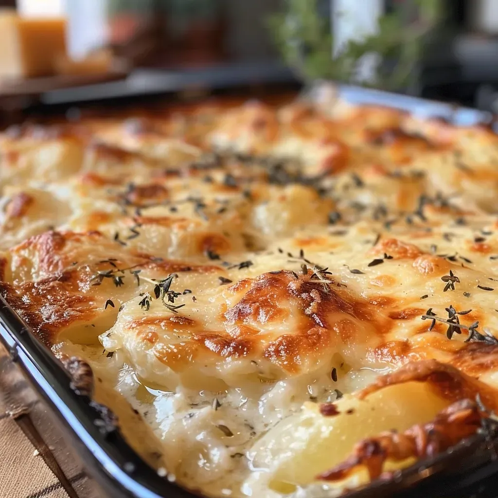 ['A close-up side view of a baked Knollensellerie Gratin, showcasing a golden crust and creamy layers.', 'Side angle view of a deliciously baked Knollensellerie Gratin, highlighting its crispy topping and rich filling.', 'Close-up image displaying a slice of Knollensellerie Gratin, with melted cheese and herbs visible on top.', 'Detailed side view of Knollensellerie Gratin, showing its bubbling surface and hearty vegetables.']