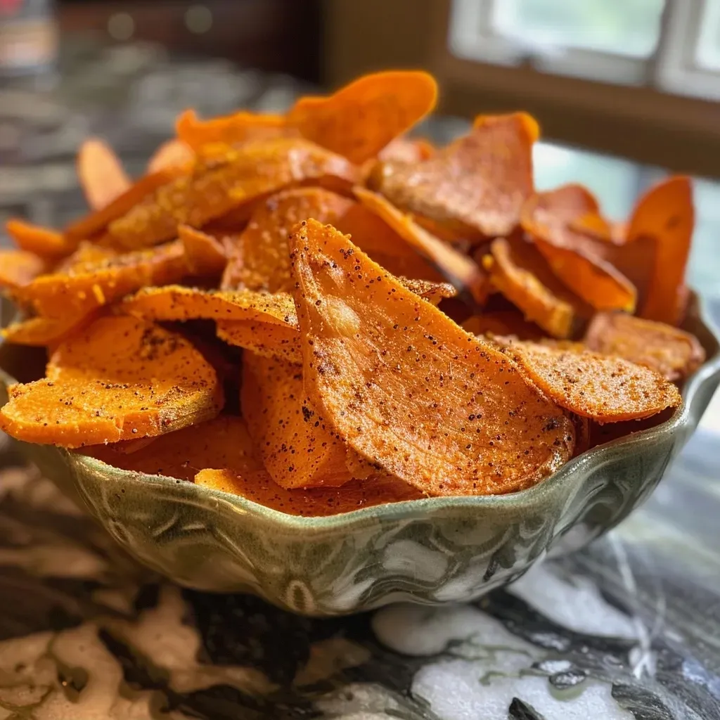 ['Close-up view of crispy carrot chips with a golden-brown color.', 'Thinly sliced carrot chips arranged attractively, showcasing their texture.', 'A side view of crunchy carrot chips, highlighting their spiced seasoning.', 'A vibrant plate of homemade carrot chips, emphasizing their crispy edges.']