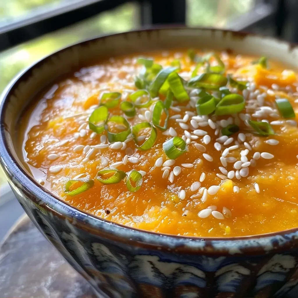 ['Close-up view of a bowl of Korean pumpkin porridge with rice dumplings.', 'Side view of a creamy kabocha porridge topped with small rice dumplings.', 'Delicious Korean pumpkin porridge served in a bowl with a spoon beside it.', 'Warm, inviting bowl of pumpkin porridge with colorful rice dumplings.']