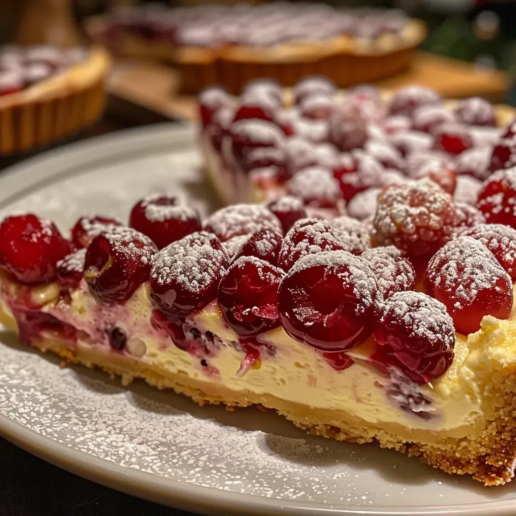 ['Close-up side view of a slice of Kuchen mit Birnenmus, showcasing its moist texture and pear filling.', 'A beautifully presented slice of Kuchen mit Birnenmus, highlighting the juicy pear layer and soft cake.', 'Image of a side view of Kuchen mit Birnenmus, revealing its golden crust and creamy pear filling.', 'Detailed view of a slice of Kuchen mit Birnenmus, emphasizing the rich pear puree and smooth topping.']