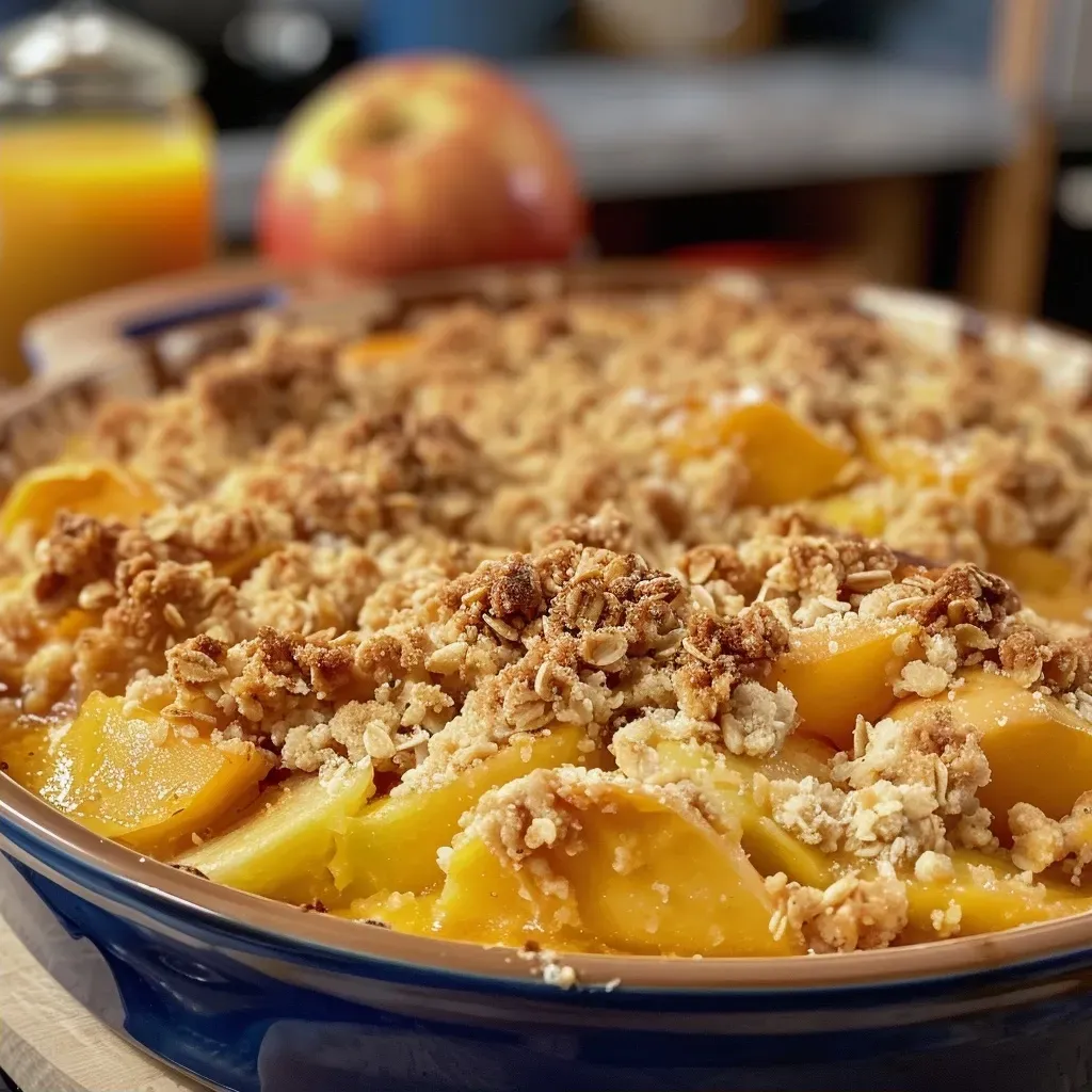 ['Close-up view of a delicious Kürbis-Apfel-Crumble topped with cream.', 'Side perspective of a juicy Kürbis and apple crumble in a rustic dish.', 'Sliced Kürbis-Apfel-Crumble served warm, showcasing its golden crust and filling.', 'A detailed look at a Kürbis-Apfel-Crumble with a dollop of spiced cream on top.']