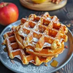 ['Close-up of vegan waffles topped with Kürbis-Apfelbutter, showcasing vibrant orange and golden colors.', 'Side view of a delicious plate of vegan waffles drizzled with pumpkin-apple butter, featuring autumnal ingredients.', 'Detailed view of golden waffles with a rich Kürbis-Apfelbutter spread, decorated with fresh apple slices.', 'Close-up of a stack of vegan waffles glistening with pumpkin-apple butter, highlighting a cozy, inviting dish.']
