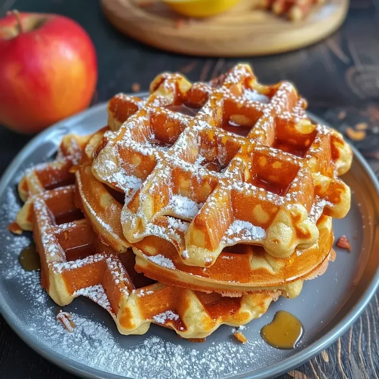['Close-up of vegan waffles topped with Kürbis-Apfelbutter, showcasing vibrant orange and golden colors.', 'Side view of a delicious plate of vegan waffles drizzled with pumpkin-apple butter, featuring autumnal ingredients.', 'Detailed view of golden waffles with a rich Kürbis-Apfelbutter spread, decorated with fresh apple slices.', 'Close-up of a stack of vegan waffles glistening with pumpkin-apple butter, highlighting a cozy, inviting dish.']