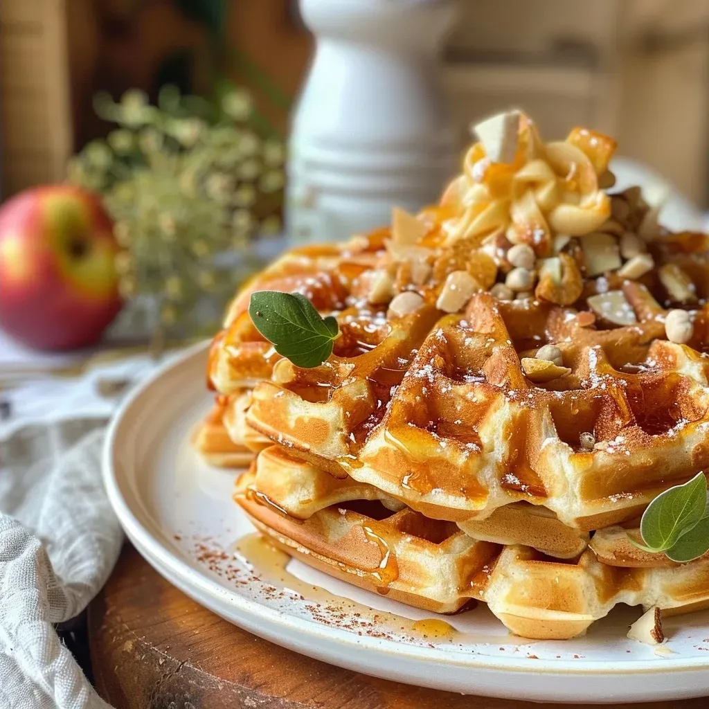 Close-up of vegan waffles topped with Kürbis-Apfelbutter, showcasing vibrant orange and golden colors.