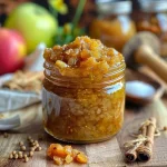['Close-up view of a jar filled with Kürbis Chutney, showcasing a rich, caramel color and vibrant spices.', 'Side view of a bowl of Kürbis Chutney, highlighting its chunky texture with bits of pumpkin, apple, and herbs.', 'Detailed shot of Kürbis Chutney ingredients, including pumpkin, apple, onion, and spices arranged aesthetically.', 'An appetizing close-up of Kürbis Chutney, emphasizing its glossy surface and colorful ingredients.']