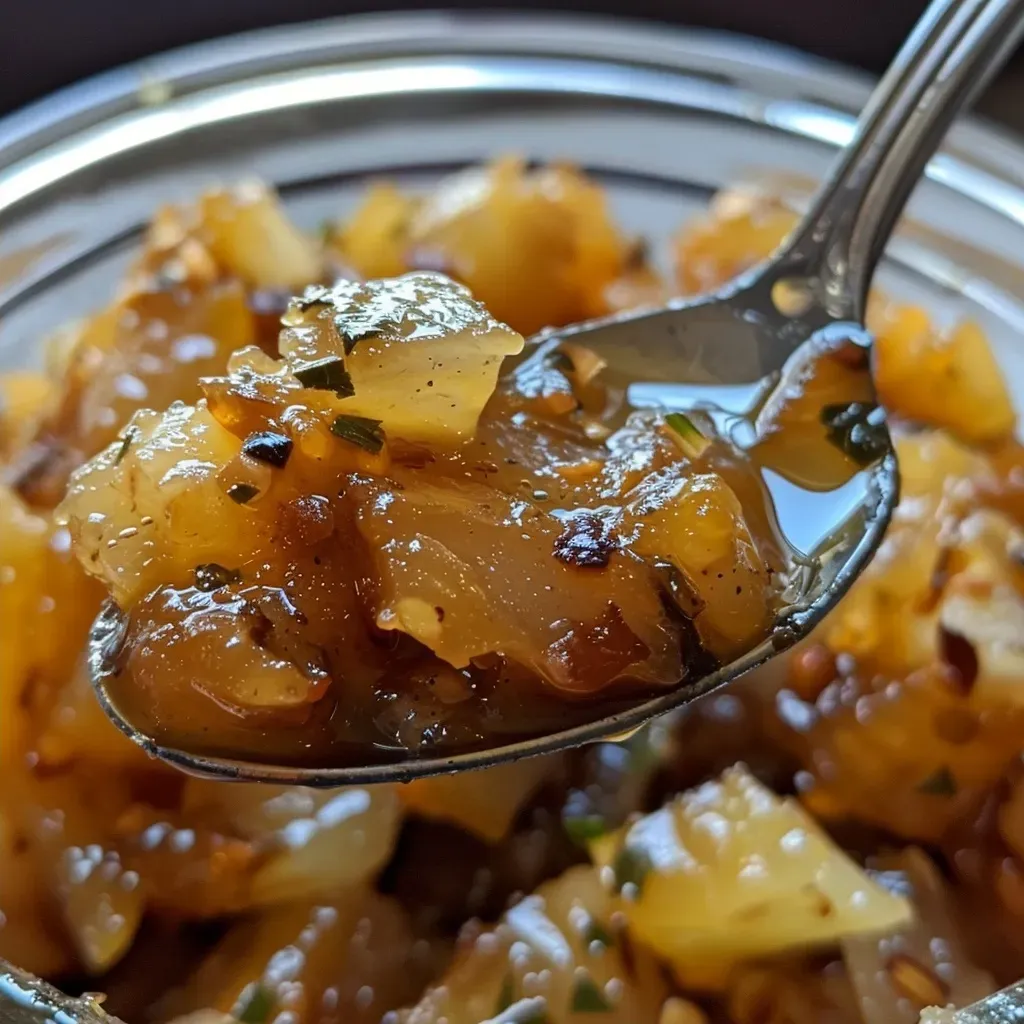 ['Close-up view of a jar filled with Kürbis Chutney, showcasing a rich, caramel color and vibrant spices.', 'Side view of a bowl of Kürbis Chutney, highlighting its chunky texture with bits of pumpkin, apple, and herbs.', 'Detailed shot of Kürbis Chutney ingredients, including pumpkin, apple, onion, and spices arranged aesthetically.', 'An appetizing close-up of Kürbis Chutney, emphasizing its glossy surface and colorful ingredients.']