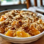 ['Close-up of Kürbis-Crumble with melted Saint Agur cheese.', 'Side view of a delicious Kürbis-Crumble dish featuring pumpkin and cheese.', 'Juicy Kürbis-Crumble topped with creamy Saint Agur, showcasing texture.', 'Rich Kürbis-Crumble prepared with Hokkaido pumpkin and layers of cheese.']