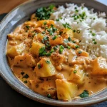 ['A close-up view of creamy Kürbis-Curry with chunks of Hokkaido pumpkin and a sprinkle of fresh herbs.', 'Side view of a vibrant Kürbis-Curry in a bowl, showcasing its rich orange color and creamy texture.', 'A delicious serving of Kürbis-Curry with coconut milk, highlighting the ingredients like pumpkin and pineapple.', 'A bowl of Kürbis-Curry featuring a colorful mixture of vegetables, topped with a drizzle of coconut milk.']