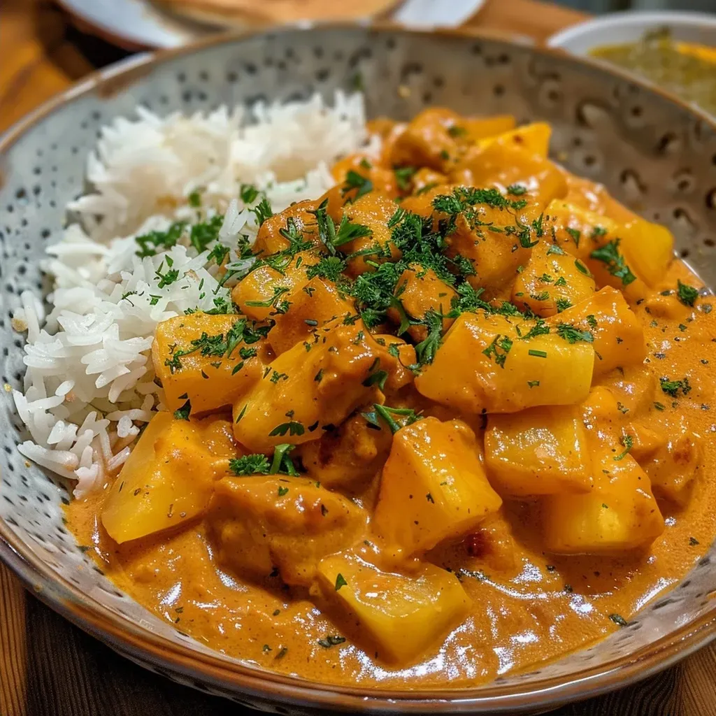 ['A close-up view of creamy Kürbis-Curry with chunks of Hokkaido pumpkin and a sprinkle of fresh herbs.', 'Side view of a vibrant Kürbis-Curry in a bowl, showcasing its rich orange color and creamy texture.', 'A delicious serving of Kürbis-Curry with coconut milk, highlighting the ingredients like pumpkin and pineapple.', 'A bowl of Kürbis-Curry featuring a colorful mixture of vegetables, topped with a drizzle of coconut milk.']