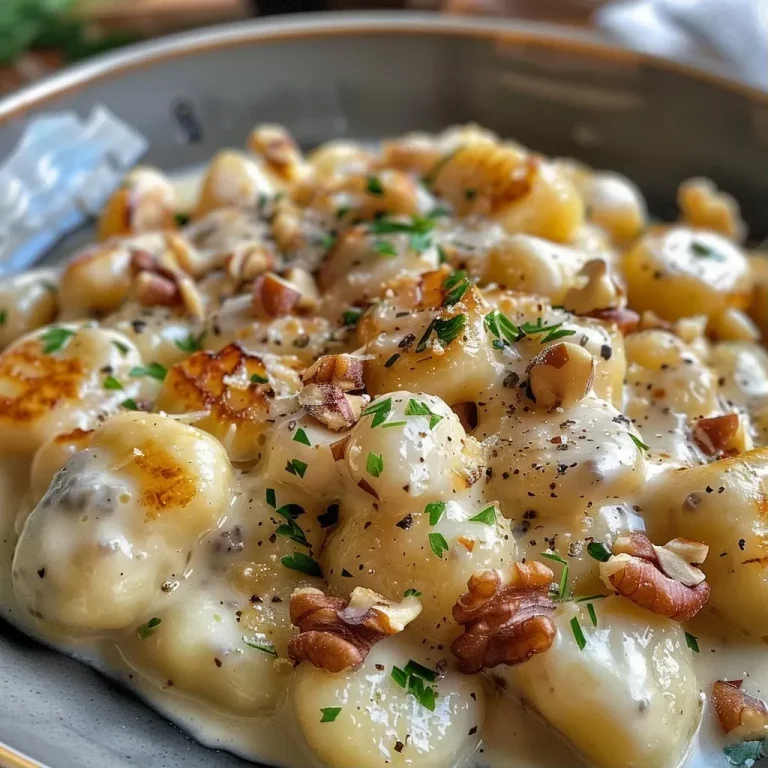 ['Close-up view of Kürbis-Gnocchi topped with Gorgonzola sauce and sliced pear.', 'Side view of a bowl filled with Kürbis-Gnocchi, creamy sauce, and garnished with walnuts.', 'Delicious Kürbis-Gnocchi served with a rich Gorgonzola sauce and fresh thyme.', 'Tasty Kürbis-Gnocchi, drizzled with sauce and accompanied by pear slices and walnuts.']