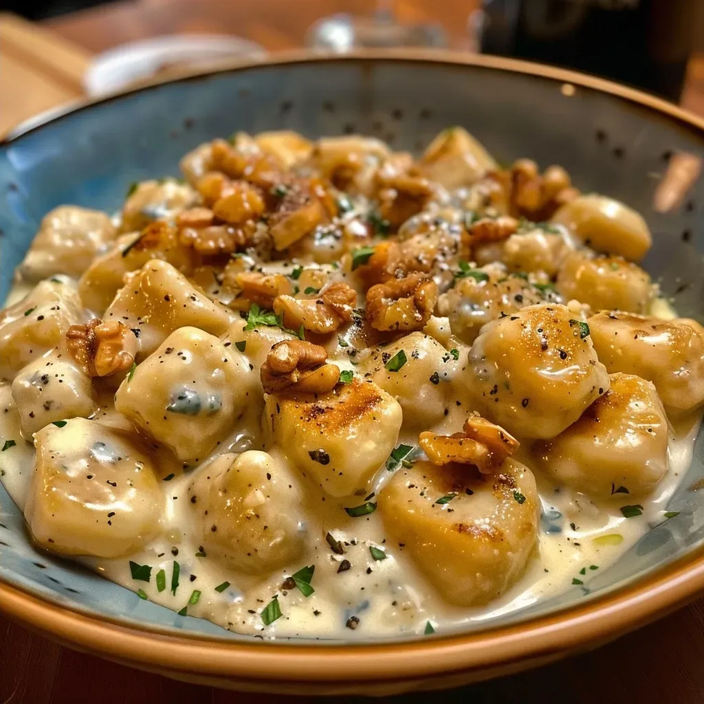 ['Close-up view of Kürbis-Gnocchi topped with Gorgonzola sauce and sliced pear.', 'Side view of a bowl filled with Kürbis-Gnocchi, creamy sauce, and garnished with walnuts.', 'Delicious Kürbis-Gnocchi served with a rich Gorgonzola sauce and fresh thyme.', 'Tasty Kürbis-Gnocchi, drizzled with sauce and accompanied by pear slices and walnuts.']