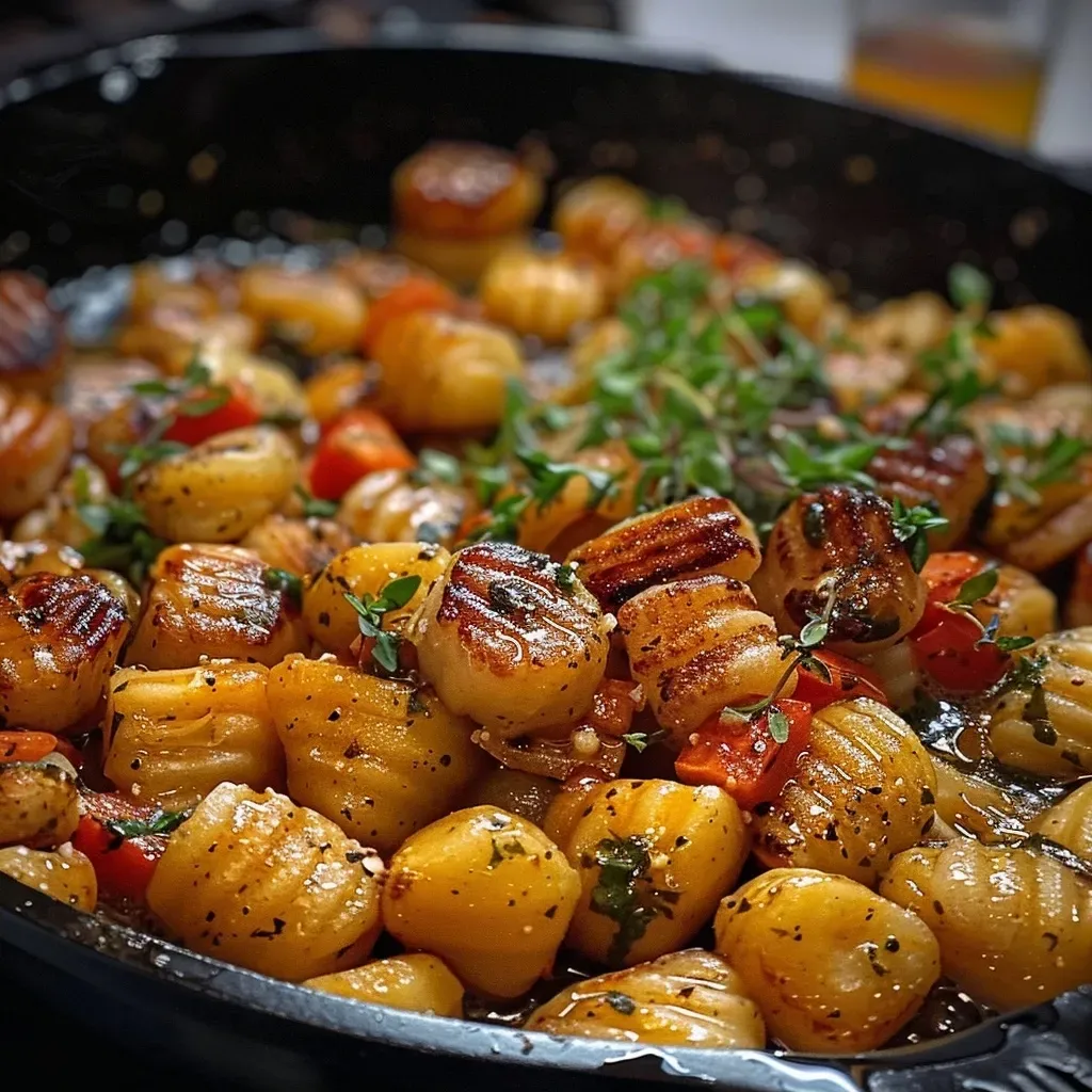 ['Close-up view of a vibrant Kürbis Gnocchi dish, showing soft dumplings and colorful vegetables.', 'Side view of a delicious Kürbis Gnocchi Pfanne, highlighting the creamy texture and fall ingredients.', 'Juicy Kürbis Gnocchi served in a skillet, featuring pumpkin, onion, and garlic in a savory broth.', 'Plated Kürbis Gnocchi dish with a rich orange color from Hokkaido pumpkin and herbs.']