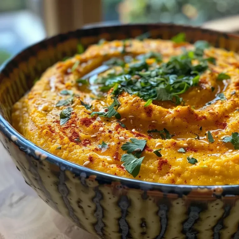 ['A vibrant bowl of Kürbis-Hummus garnished with pumpkin seeds and chili flakes.', 'Close-up view of creamy Kürbis-Hummus with a sprinkle of spices and a drizzle of olive oil.', 'Hokkaido Kürbis Hummus served in a rustic bowl, showcasing its rich orange color and texture.', 'Side view of delicious Kürbis-Hummus with visible ingredients like garlic and lemon zest.']
