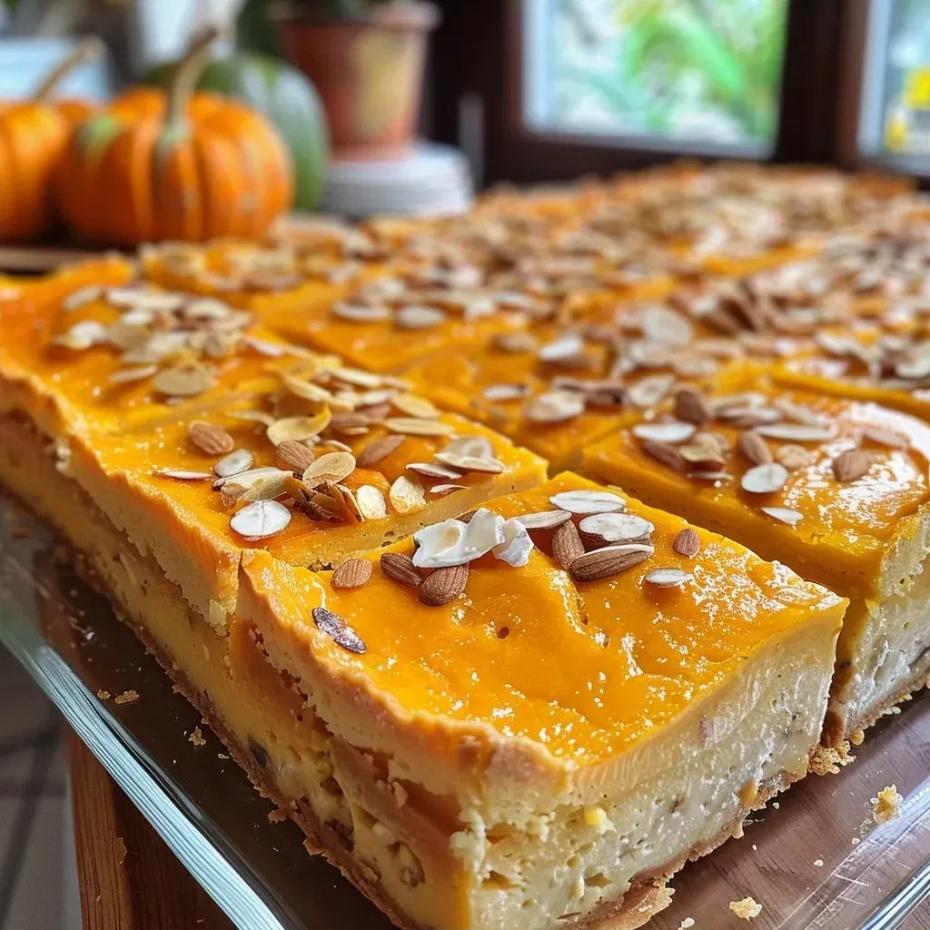Close-up view of a slice of Kürbis-Käsekuchen, showcasing its creamy texture and pumpkin filling.