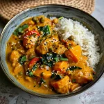 ['A vibrant bowl of Kürbis-Kichererbsen-Curry with colorful ingredients.', 'A close-up view of a serving of pumpkin chickpea curry decorated with herbs.', 'A luscious dish of vegan Kürbis-Kichererbsen-Curry showcasing pumpkin and chickpeas.', 'A detailed side view of creamy coconut pumpkin curry with spices and cashews.']