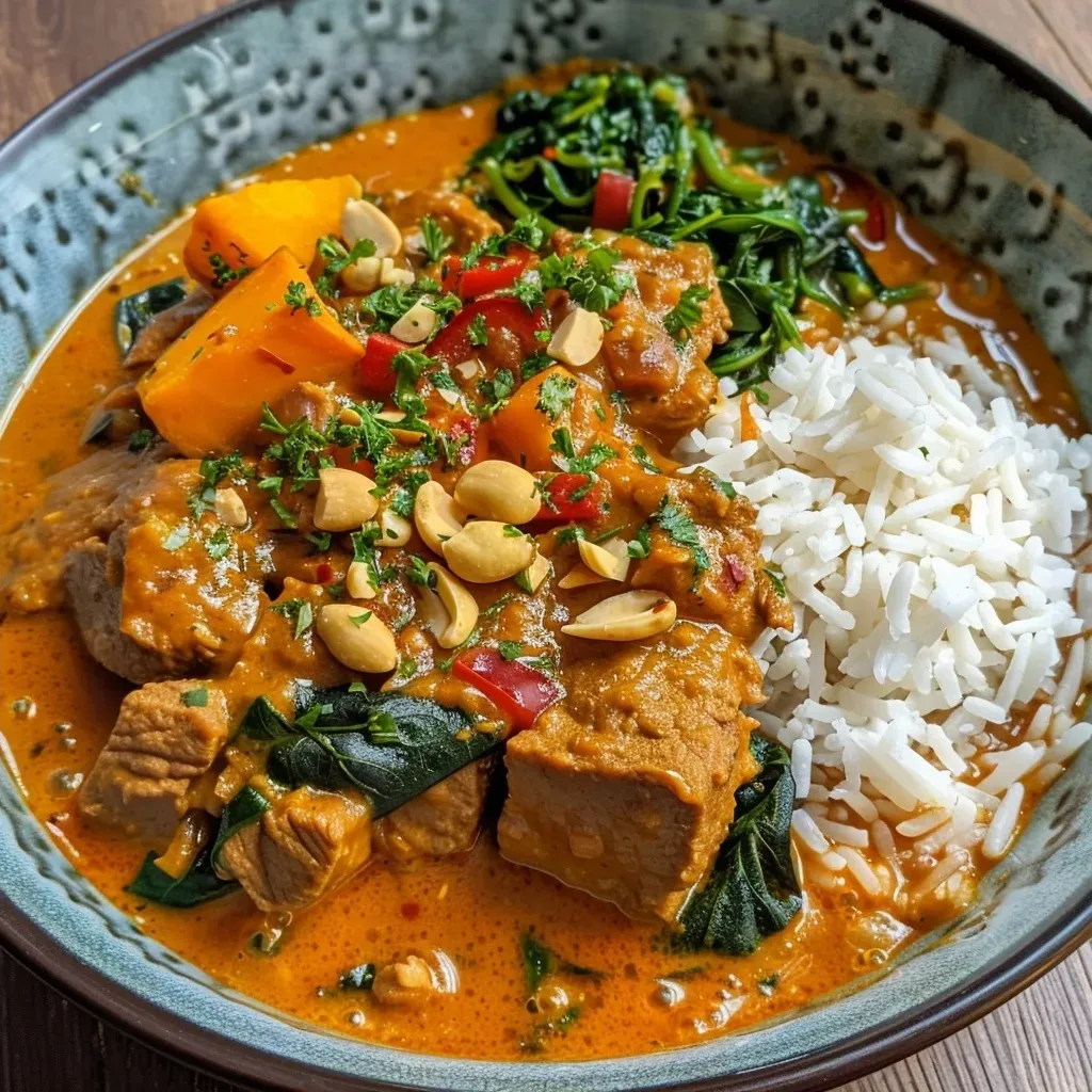 ['A vibrant bowl of Kürbis-Kichererbsen-Curry with colorful ingredients.', 'A close-up view of a serving of pumpkin chickpea curry decorated with herbs.', 'A luscious dish of vegan Kürbis-Kichererbsen-Curry showcasing pumpkin and chickpeas.', 'A detailed side view of creamy coconut pumpkin curry with spices and cashews.']