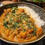 ['Close-up view of a vibrant Kürbis Linsen Curry with orange pumpkin and red lentils.', 'Side view of a creamy Kürbis Linsen Curry topped with coriander and fresh spinach.', 'Detailed image of a bowl filled with colorful Kürbis Linsen Curry including spices and vegetables.', 'Close-up of steaming Kürbis Linsen Curry showcasing its rich texture and vibrant colors.']