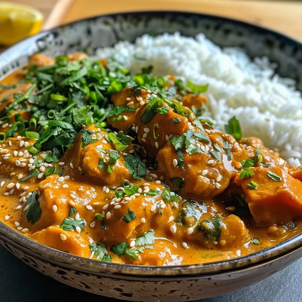 ['Close-up view of a vibrant Kürbis Linsen Curry with orange pumpkin and red lentils.', 'Side view of a creamy Kürbis Linsen Curry topped with coriander and fresh spinach.', 'Detailed image of a bowl filled with colorful Kürbis Linsen Curry including spices and vegetables.', 'Close-up of steaming Kürbis Linsen Curry showcasing its rich texture and vibrant colors.']