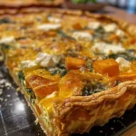['Close-up view of a slice of Kürbis Quiche with Feta sitting on a wooden board.', 'Side view of a delicious Kürbis Quiche featuring vibrant orange pumpkin and crumbled Feta cheese.', 'Juicy Kürbis Quiche with a golden crust and colorful ingredients displayed on a plate.', 'A slice of Kürbis Quiche with Feta, showcasing its flaky pastry and rich filling.']