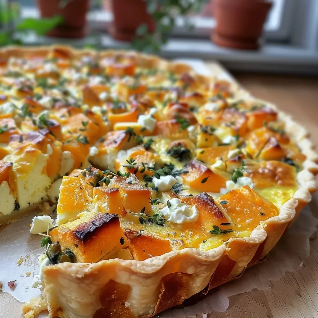 Close-up view of a slice of Kürbis Quiche with Feta sitting on a wooden board.