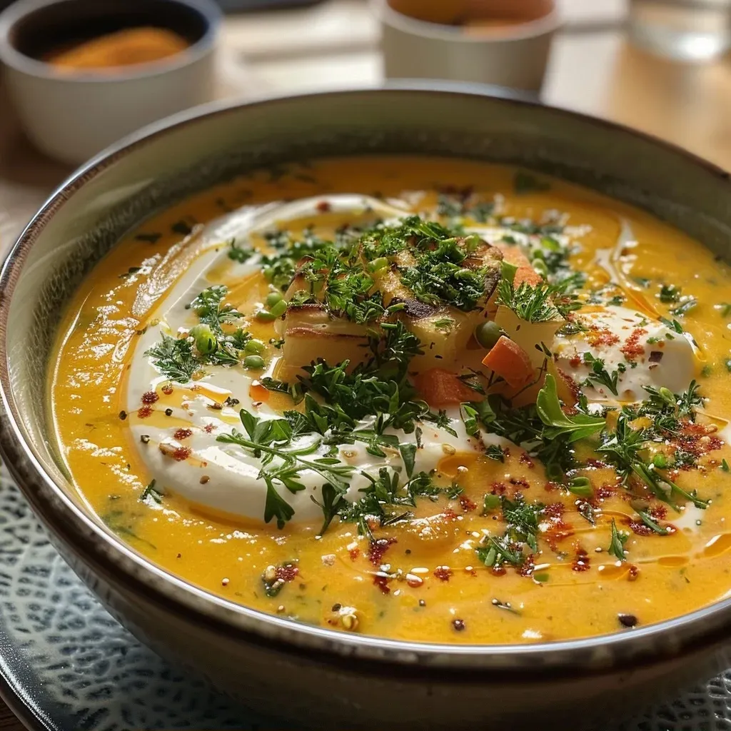 ['A close-up view of a creamy Kürbis Quitten Suppe in a bowl, garnished with herbs.', 'A beautifully presented Kürbis Quitten Suppe, showcasing vibrant orange and yellow hues.', 'A side view of a steaming bowl of Kürbis Quitten Suppe, highlighting its rich texture.', 'An inviting bowl of Kürbis Quitten Suppe, emphasizing its fresh and hearty ingredients.']