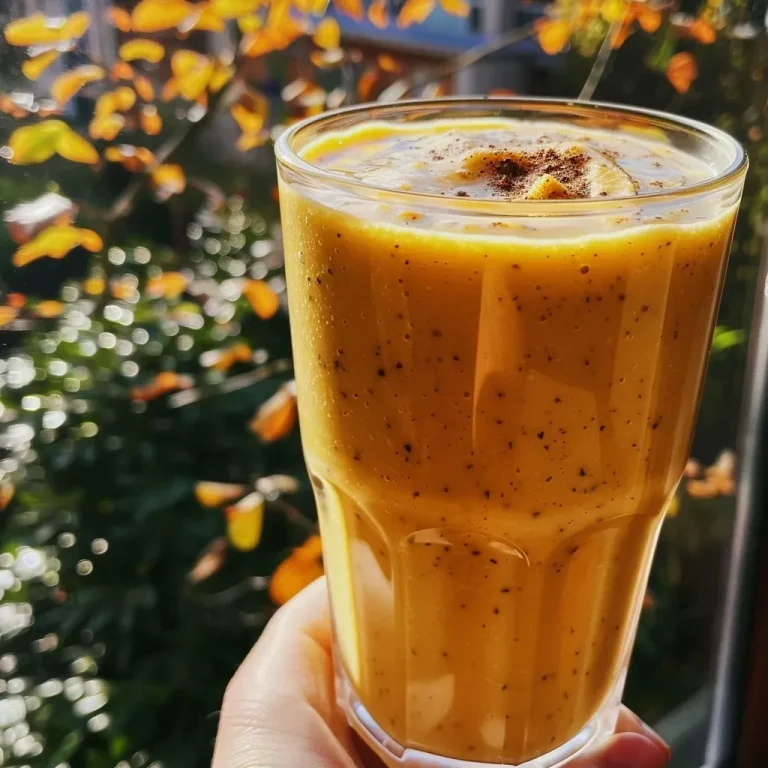 ['Close-up view of a creamy Kürbis smoothie in a glass, garnished with a sprinkle of cinnamon.', 'Side angle of a rich orange Kürbis smoothie, showcasing its thick texture and vibrant color.', 'Juicy, frothy Kürbis smoothie in a clear glass, filled with ice cubes and topped with spices.', 'Refreshing Kürbis smoothie made from Hokkaido pumpkin, captured in a well-lit setting.']