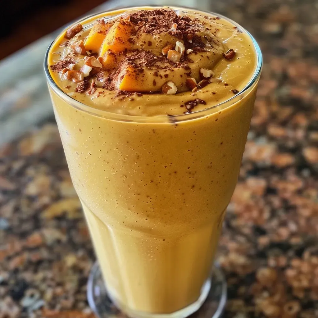 ['Close-up view of a creamy Kürbis smoothie in a glass, garnished with a sprinkle of cinnamon.', 'Side angle of a rich orange Kürbis smoothie, showcasing its thick texture and vibrant color.', 'Juicy, frothy Kürbis smoothie in a clear glass, filled with ice cubes and topped with spices.', 'Refreshing Kürbis smoothie made from Hokkaido pumpkin, captured in a well-lit setting.']