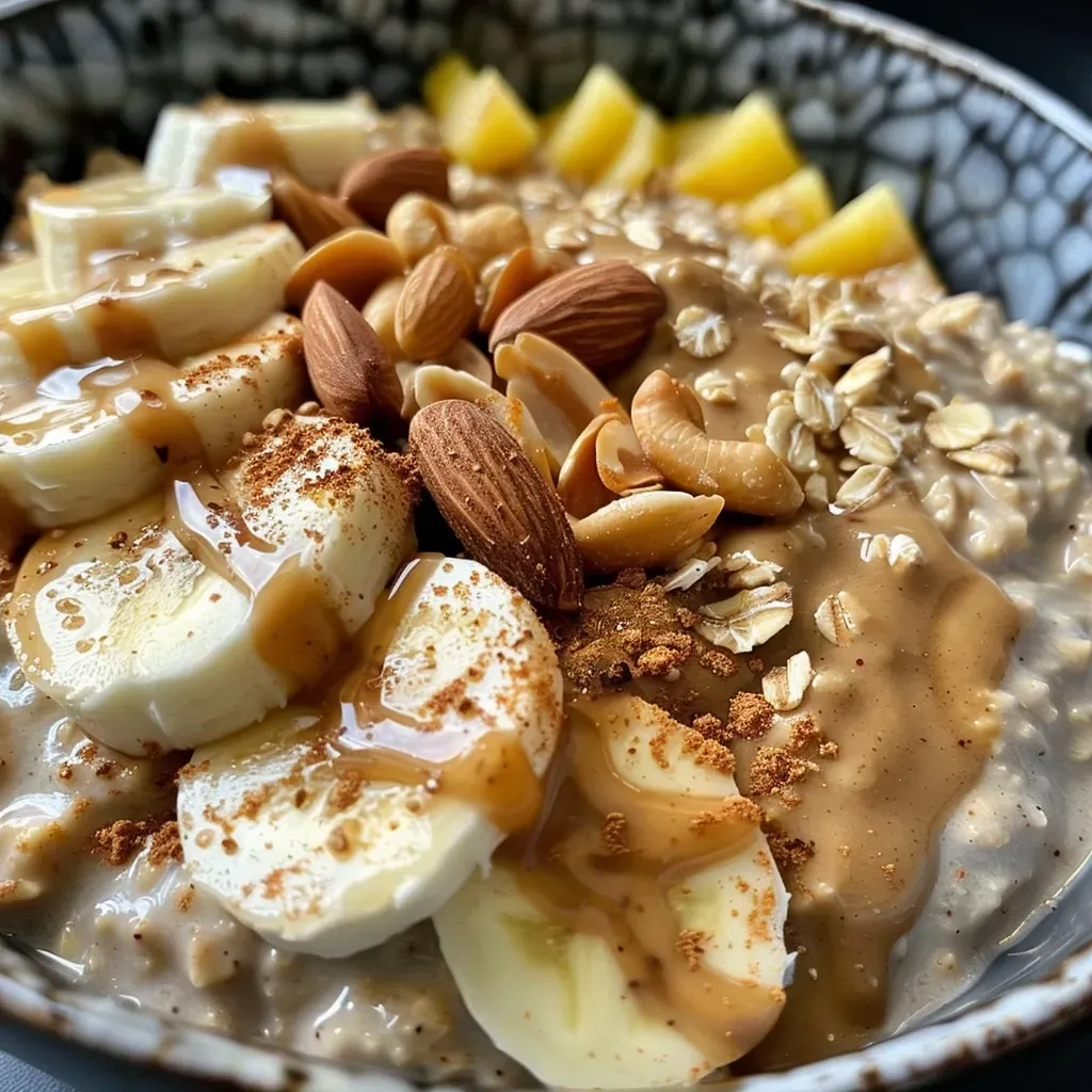['Close-up side view of creamy pumpkin spice overnight oats in a jar.', 'Delicious bowl of pumpkin spice overnight oats topped with nuts and seeds.', 'Side angle of overnight oats featuring pumpkin puree and spices in a clear container.', 'Vibrant pumpkin spice overnight oats with a smooth texture and garnished with seeds.']