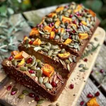 ['Close-up of pumpkin seed toast topped with roasted squash and garnished with herbs.', 'Side view of a slice of Kürbiskernbrot with creamy topping and colorful pomegranate seeds.', 'Detailed shot of artisan bread with roasted butternut squash and vibrant green herbs.', 'A slice of pumpkin seed bread featuring roasted squash and a sprinkle of fresh thyme and rosemary.']