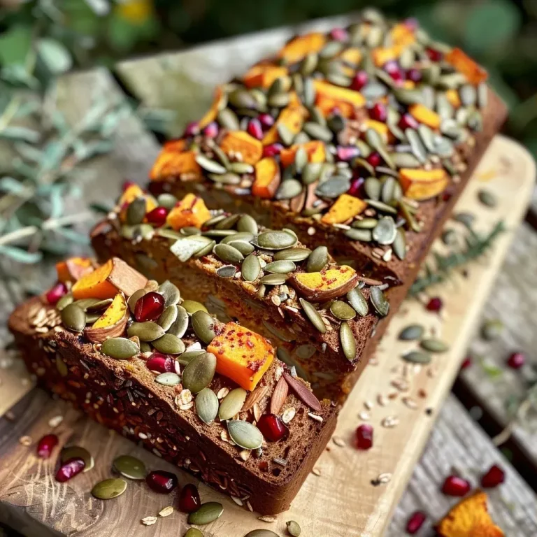 ['Close-up of pumpkin seed toast topped with roasted squash and garnished with herbs.', 'Side view of a slice of Kürbiskernbrot with creamy topping and colorful pomegranate seeds.', 'Detailed shot of artisan bread with roasted butternut squash and vibrant green herbs.', 'A slice of pumpkin seed bread featuring roasted squash and a sprinkle of fresh thyme and rosemary.']