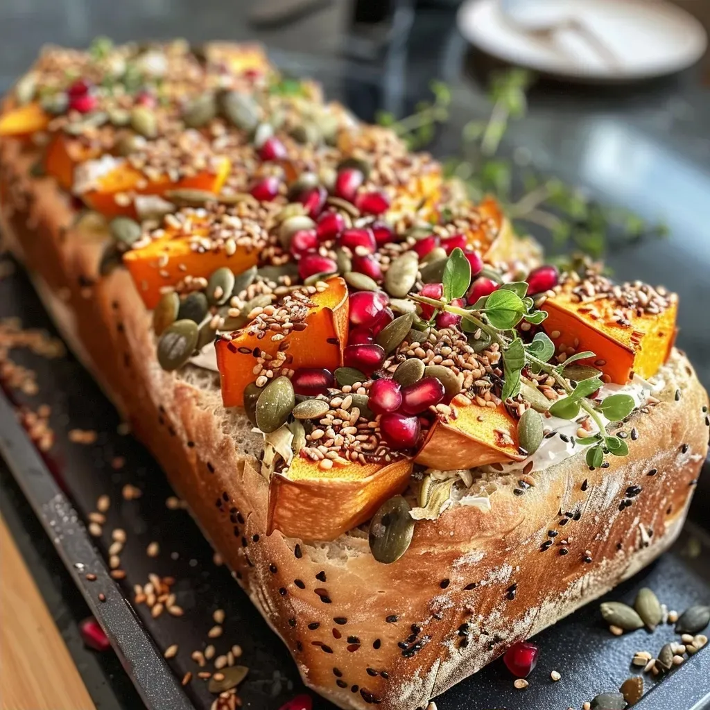 Close-up of pumpkin seed toast topped with roasted squash and garnished with herbs.