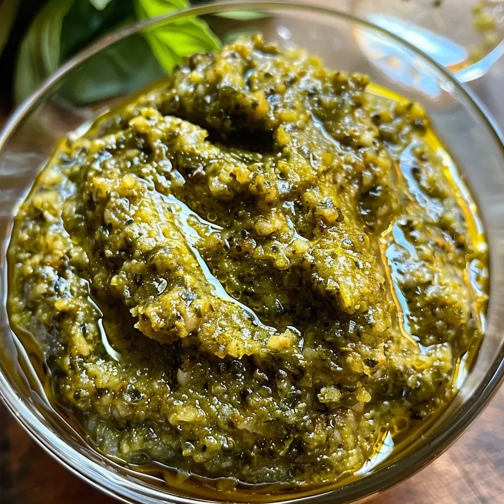 ['Close-up view of a jar filled with vibrant green Kürbiskernpesto.', 'Side angle of creamy Kürbiskernpesto with fresh herbs and pumpkin seeds.', 'Detailed shot of Kürbiskernpesto garnished with parsley and basil.', 'Close-up of a spoonful of Kürbiskernpesto showcasing its texture and color.']