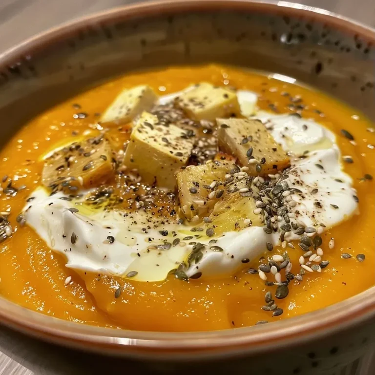 ['A close-up of creamy Kürbissuppe topped with roasted carrots and ginger.', 'Side view of serving bowl filled with vibrant pumpkin soup garnished with pumpkin seeds and oil.', 'Rich orange Kürbissuppe served with slices of roasted carrots and sprinkled with fresh herbs.', 'A bowl of delicious pumpkin soup featuring ginger and roasted carrots, showcasing its creamy texture.']