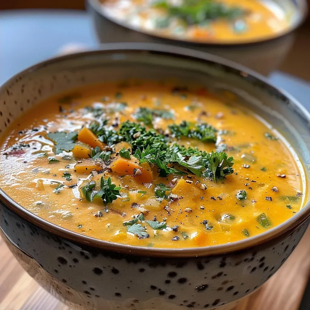 ['A close-up of creamy Kürbissuppe topped with roasted carrots and ginger.', 'Side view of serving bowl filled with vibrant pumpkin soup garnished with pumpkin seeds and oil.', 'Rich orange Kürbissuppe served with slices of roasted carrots and sprinkled with fresh herbs.', 'A bowl of delicious pumpkin soup featuring ginger and roasted carrots, showcasing its creamy texture.']