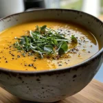 ['A close-up view of creamy Kürbissuppe garnished with fresh herbs.', 'A bowl of vibrant orange Kürbissuppe with a swirl of coconut milk.', 'Side view of a steaming bowl of Kürbissuppe with visible ginger slices.', 'A rich, orange pumpkin soup served in a rustic bowl, highlighting its smooth texture.']
